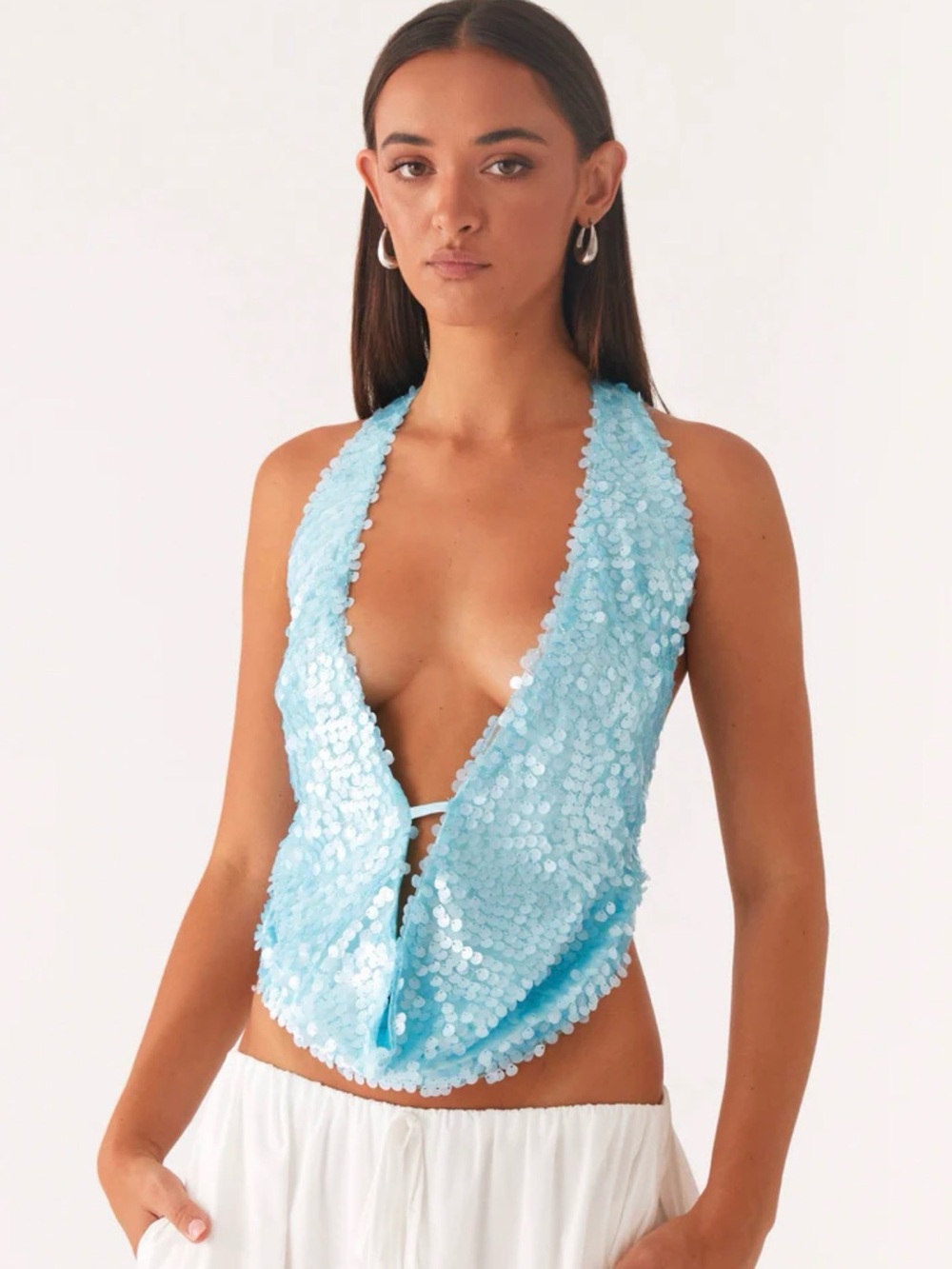 Peppermayo Light Blue Sequin Halter Crop Top